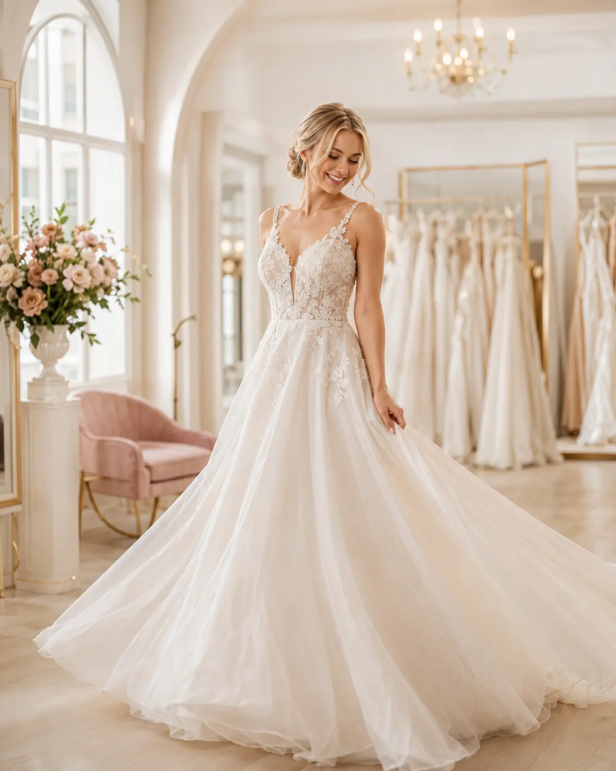 Glückliche Braut in einem Brautkleid bei Avorio Vestito
